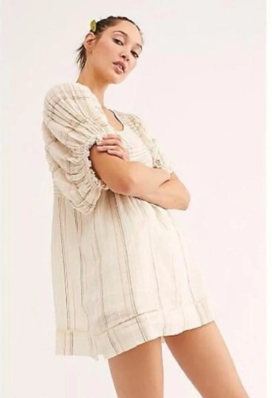 Free People Elsie Textured Gauze Tunic Mini Babydoll Dress Ivory Puff Sleeve